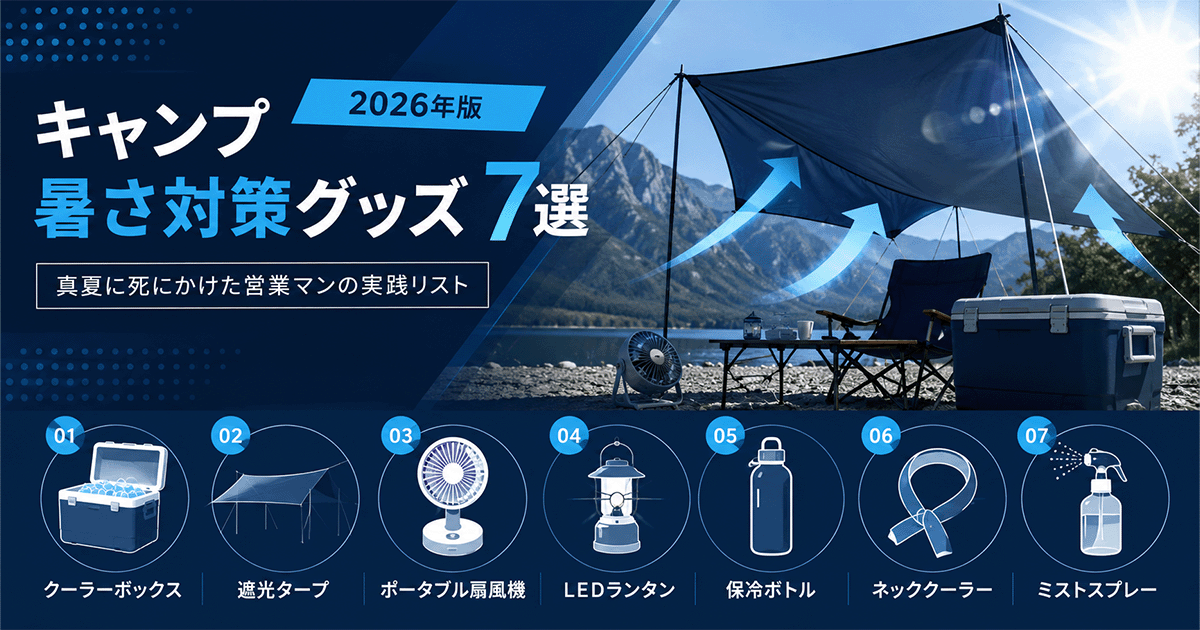 夏キャンプ用のクーラーボックスと遮光タープを並べた装備一式